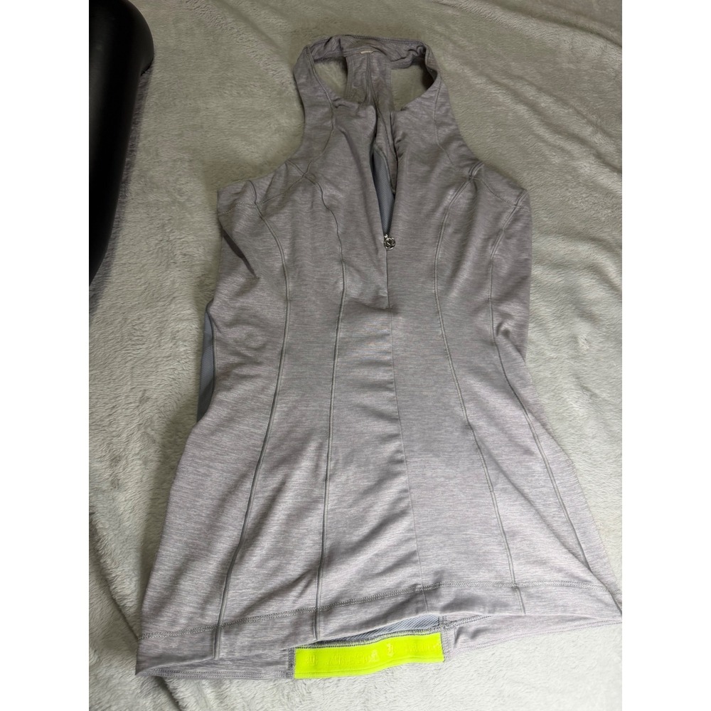 Lululemon Cycling Tank Top Heathered Grey Neon Yellow Half Zip Racerback Pockets